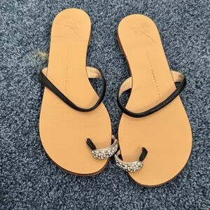 Giuseppe Zanotti Black and Tan Sandals with Rhinestone Embellishments